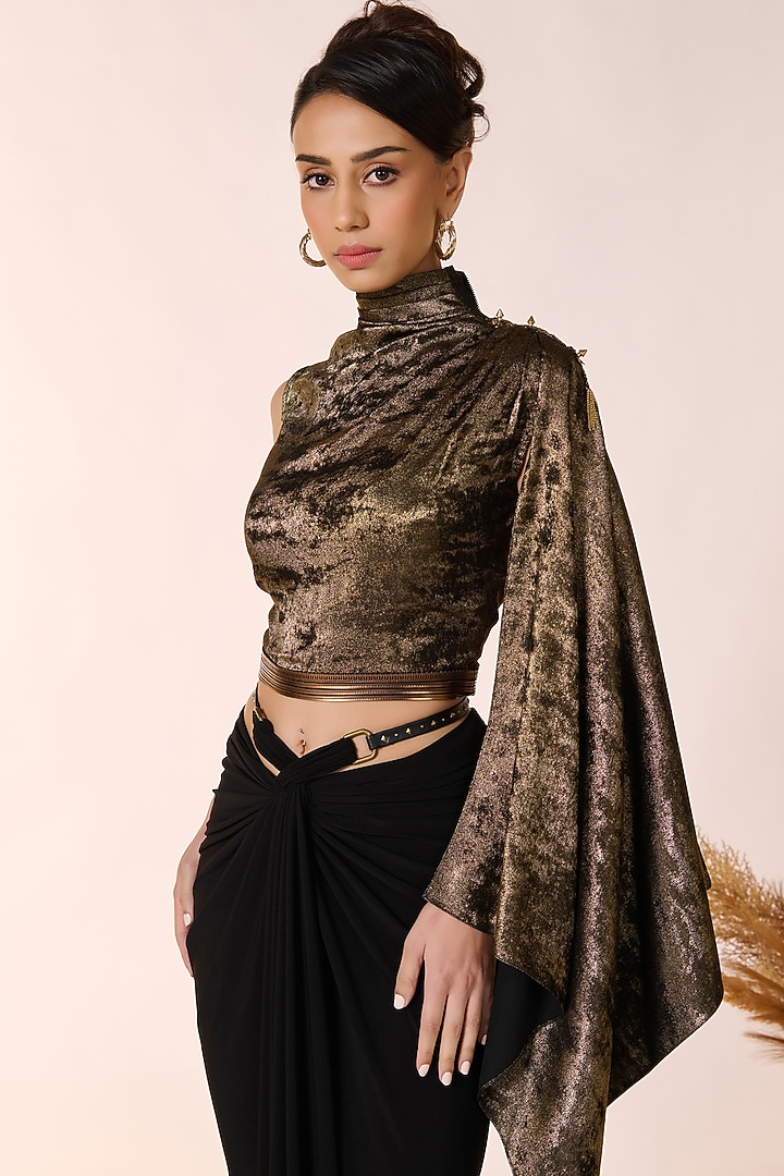 Black & Gold Sandwash Foil Metallic Embellished One-Shoulder Draped Top by S&N by Shantnu Nikhil at Pernia's Pop Up Shop