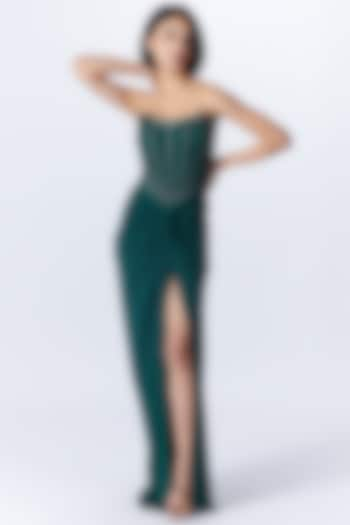 Emerald Green Poly Jersey Corset Gown Saree by S&N by Shantnu Nikhil at Pernia's Pop Up Shop