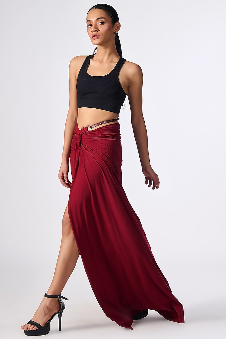 Cherry Red Poly Jersey Twisted Draped Skirt by S&N by Shantnu Nikhil at Pernia's Pop Up Shop