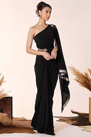 Black Poly Blend One-Shoulder Draped Gown Saree by S&N by Shantnu Nikhil