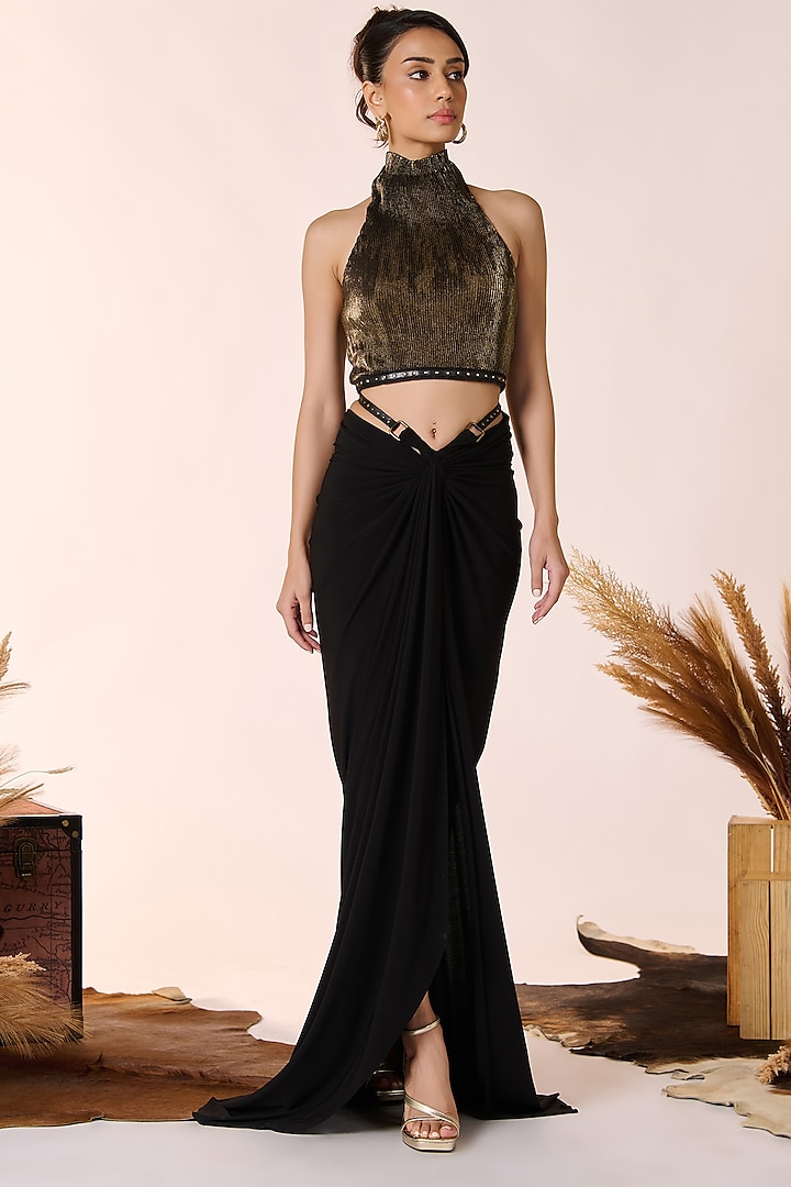 Black & Gold Sandwash Foil Faux Leather Embellished Halter Top by S&N by Shantnu Nikhil at Pernia's Pop Up Shop