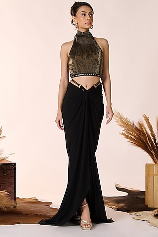 Black & Gold Sandwash Foil Faux Leather Embellished Halter Top by S&N by Shantnu Nikhil
