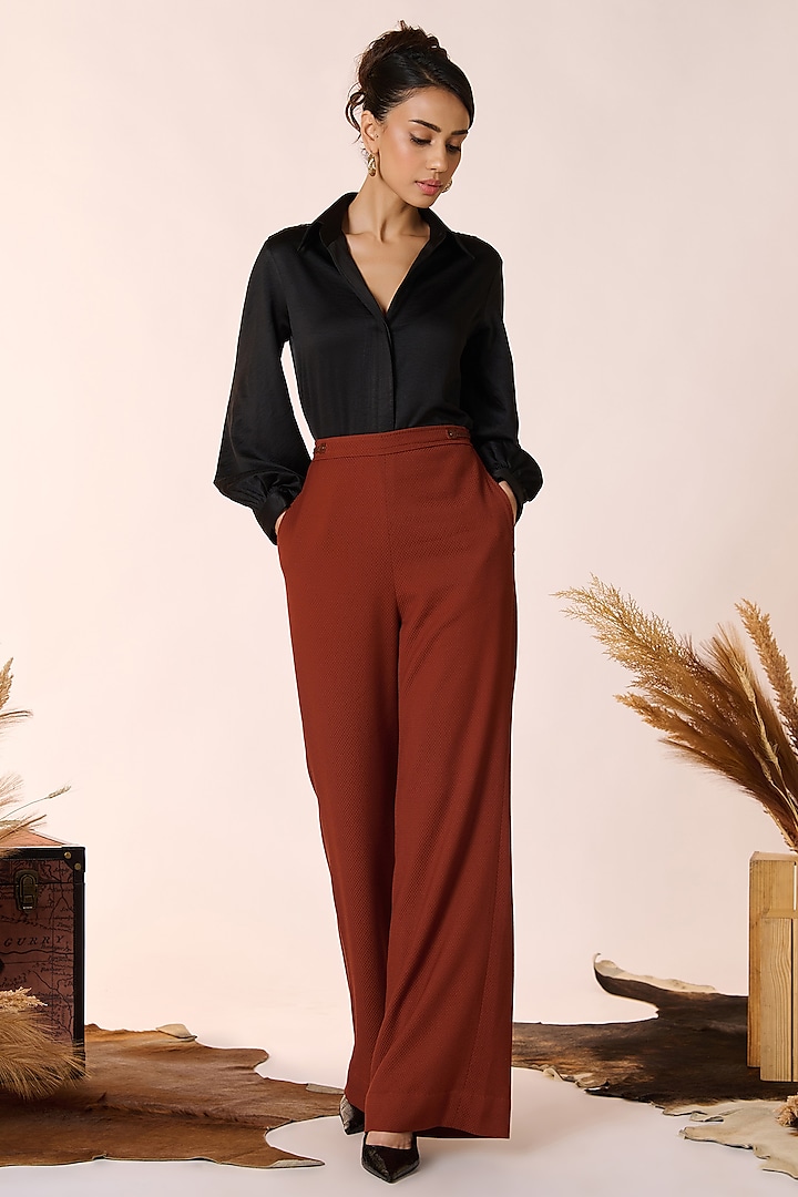 Rust Honeycomb & Cotton Flared Trousers by S&N by Shantnu Nikhil at Pernia's Pop Up Shop