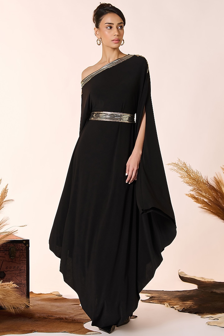 Black Poly Blend & Lycra One-Shoulder Asymmetric Dress by S&N by Shantnu Nikhil at Pernia's Pop Up Shop