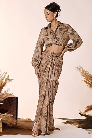 Beige Silk Twill Safari Printed Twisted Draped Skirt by S&N by Shantnu Nikhil
