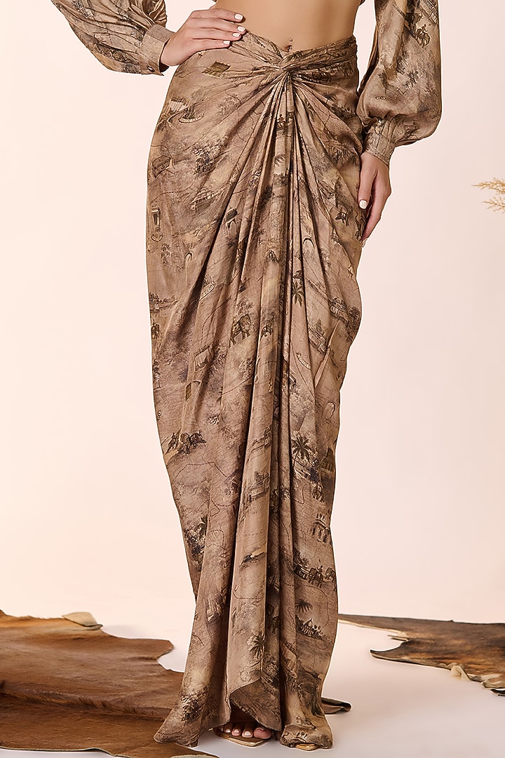 Beige Silk Twill Safari Printed Twisted Draped Skirt by S&N by Shantnu Nikhil at Pernia's Pop Up Shop
