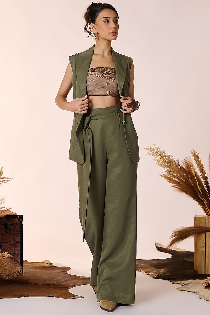 Olive Green Lyocell Flared Trousers by S&N by Shantnu Nikhil at Pernia's Pop Up Shop