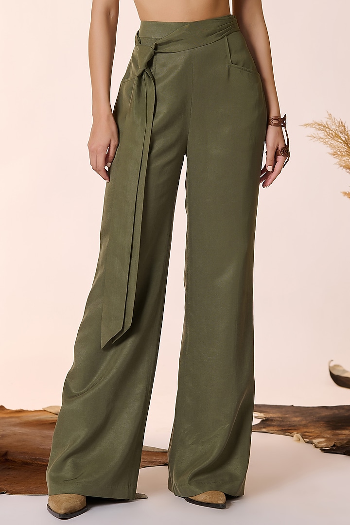 Olive Green Lyocell Flared Trousers by S&N by Shantnu Nikhil at Pernia's Pop Up Shop