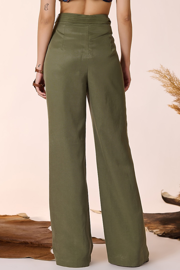 Olive Green Lyocell Flared Trousers by S&N by Shantnu Nikhil at Pernia's Pop Up Shop