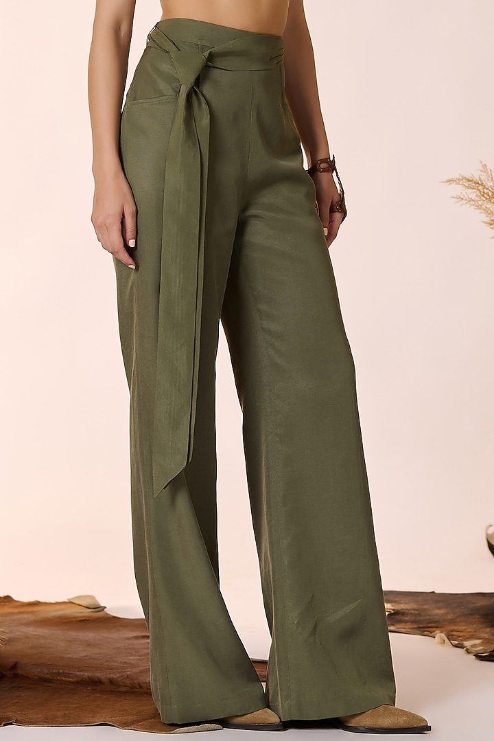Olive Green Lyocell Flared Trousers by S&N by Shantnu Nikhil at Pernia's Pop Up Shop