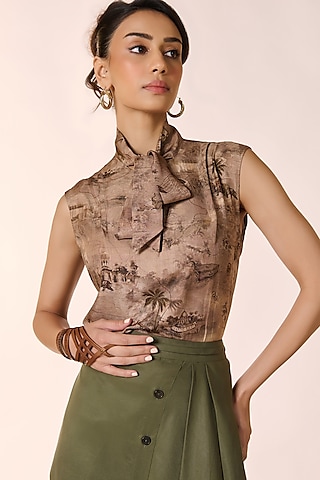 Beige Twill Silk Knot-Collar Top by S&N by Shantnu Nikhil