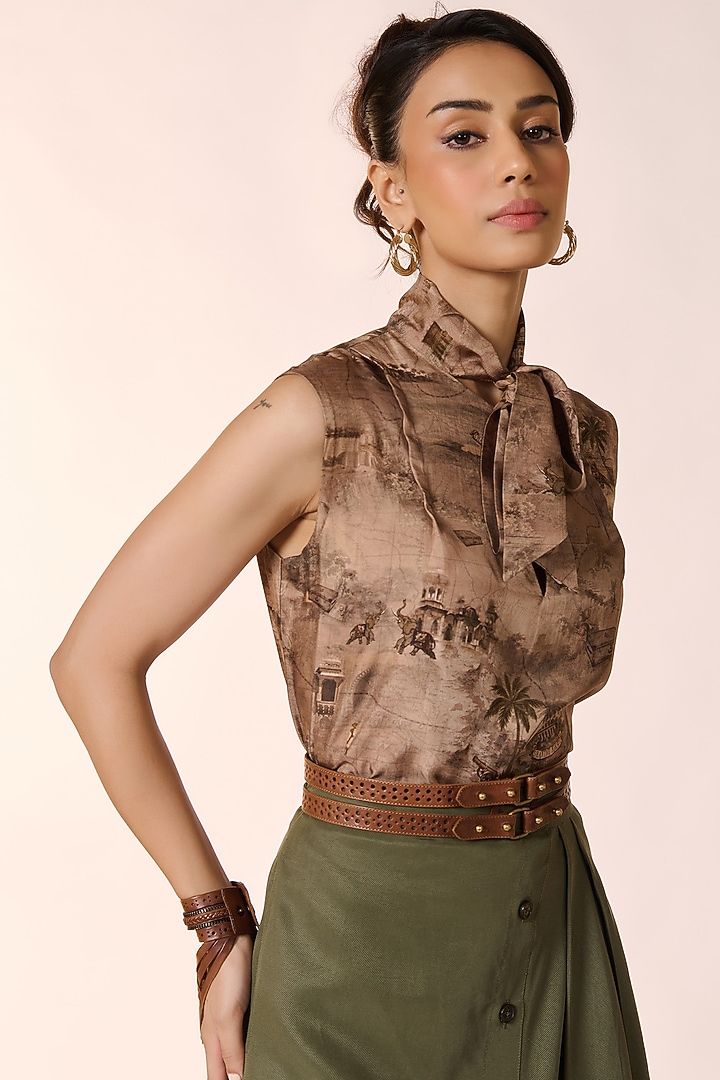 Beige Twill Silk Knot-Collar Top by S&N by Shantnu Nikhil at Pernia's Pop Up Shop