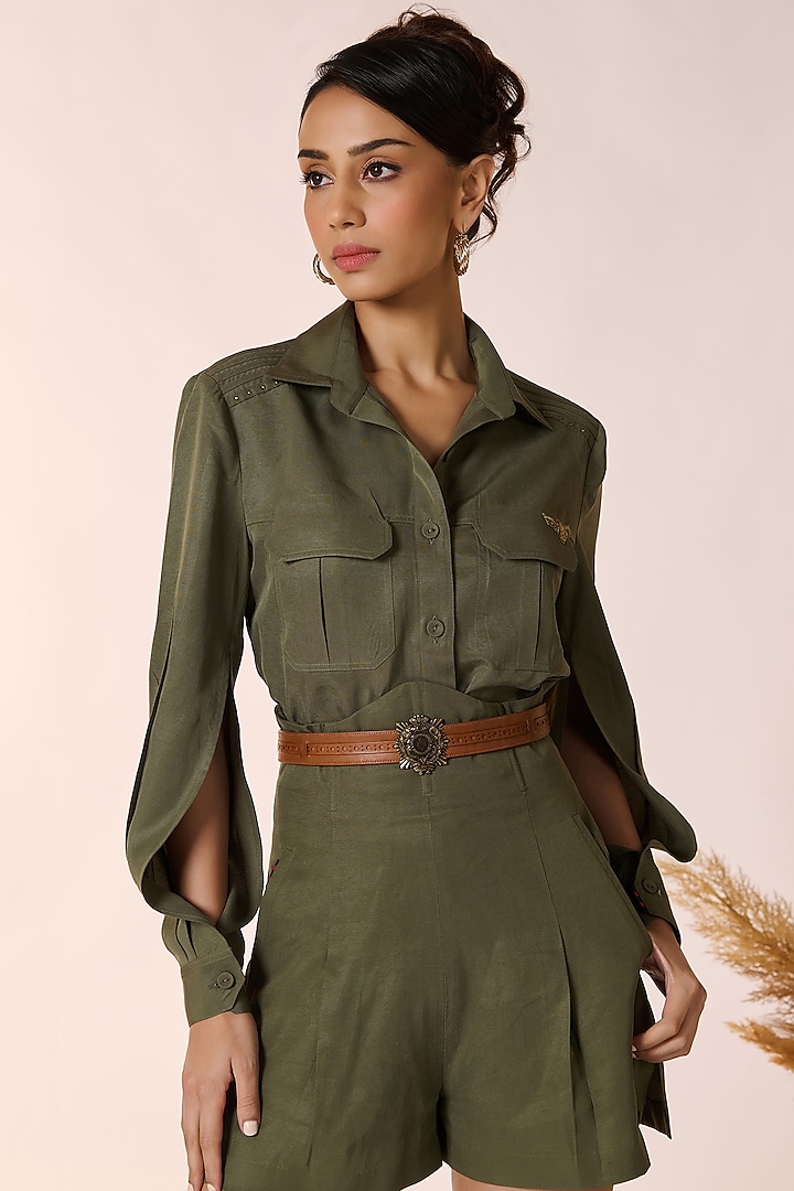 Olive Green Lyocell Shirt by S&N by Shantnu Nikhil at Pernia's Pop Up Shop