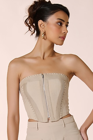 Ecru Rayon & Lycra Corset Top by S&N by Shantnu Nikhil