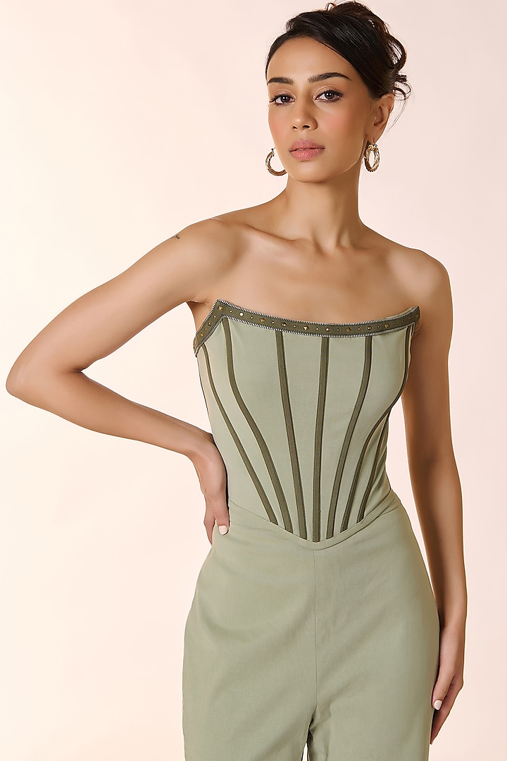 Pistachio Green Twill Corset Top by S&N by Shantnu Nikhil at Pernia's Pop Up Shop