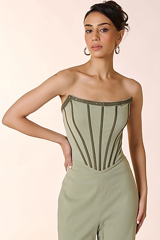 Pistachio Green Twill Corset Top by S&N by Shantnu Nikhil