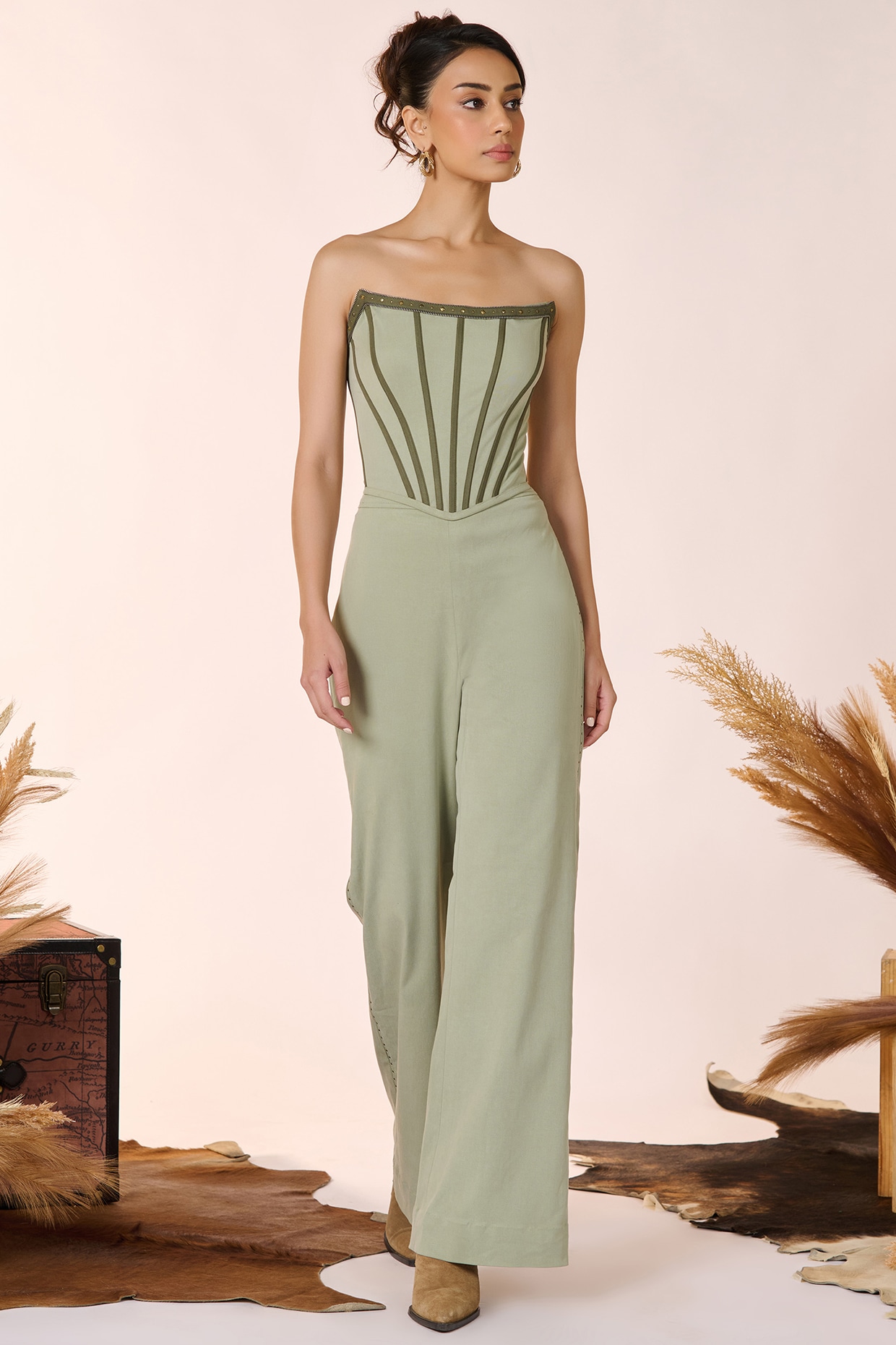 Pistachio Green Twill Corset Top by S&N by Shantnu Nikhil at