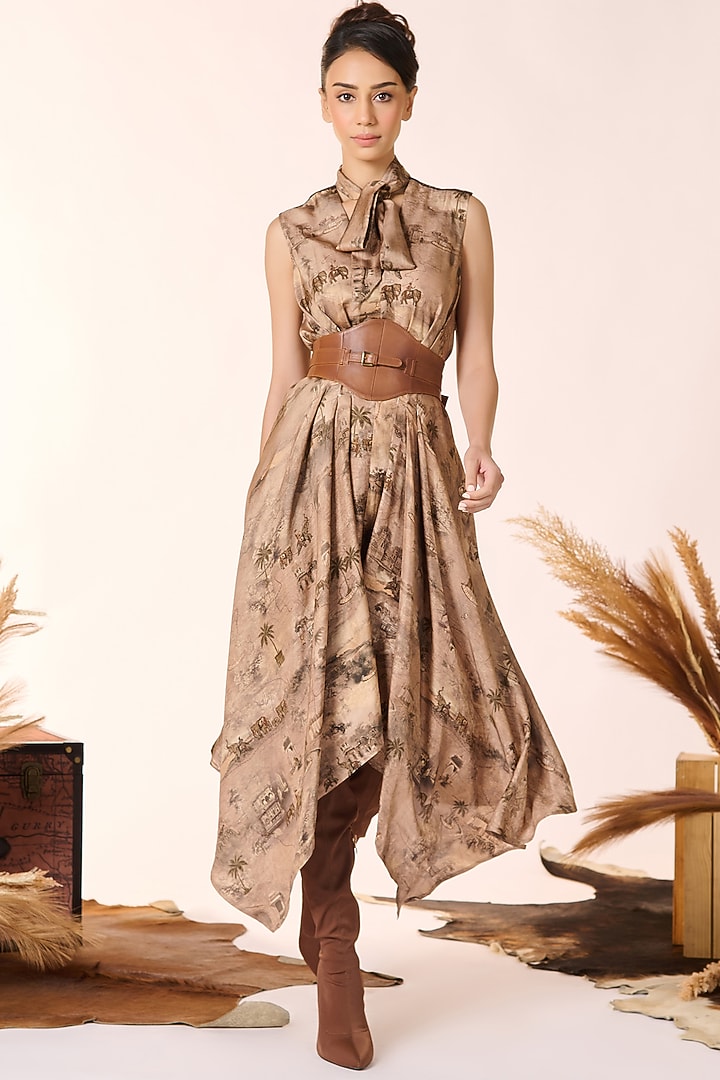 Beige Silk Twill Safari Printed Asymmetric Vacation Dress by S&N by Shantnu Nikhil at Pernia's Pop Up Shop