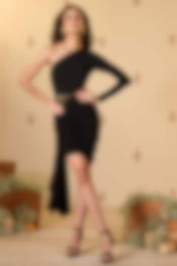 Black Poly Jersey Spandex One-Shoulder Vacation Dress by S&N by Shantnu Nikhil at Pernia's Pop Up Shop