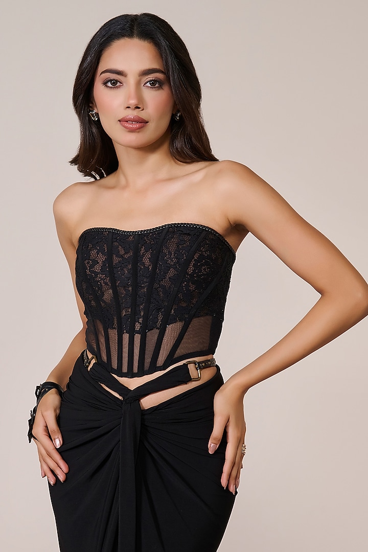 Black Lace Mesh Applique Work Corset Top by S&N by Shantnu Nikhil at Pernia's Pop Up Shop
