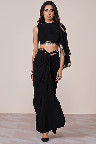 Black Jersey Spandex Foil Metallic Embellished Cropped Top by S&N by Shantnu Nikhil