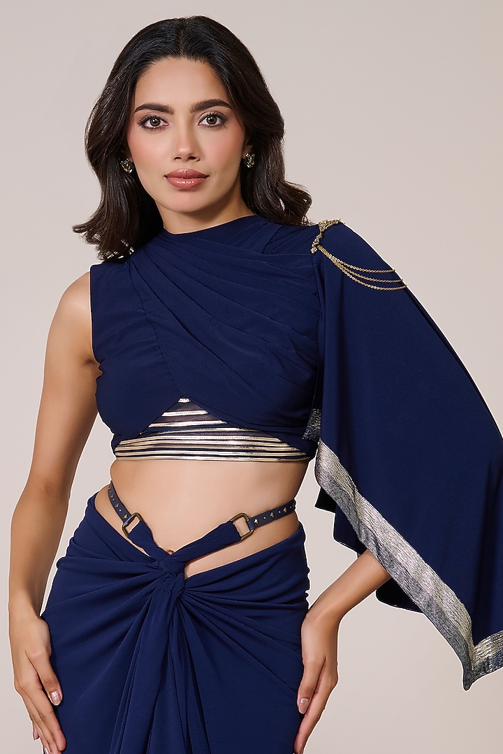 Navy Jersey Spandex Foil Metallic Embellished Cropped Top by S&N by Shantnu Nikhil at Pernia's Pop Up Shop