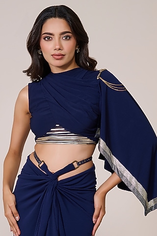 Navy Jersey Spandex Foil Metallic Embellished Cropped Top by S&N by Shantnu Nikhil