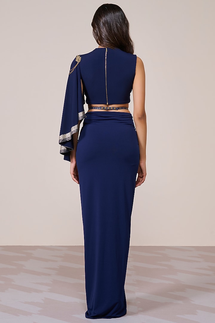 Navy Jersey Spandex Foil Metallic Embellished Cropped Top by S&N by Shantnu Nikhil at Pernia's Pop Up Shop