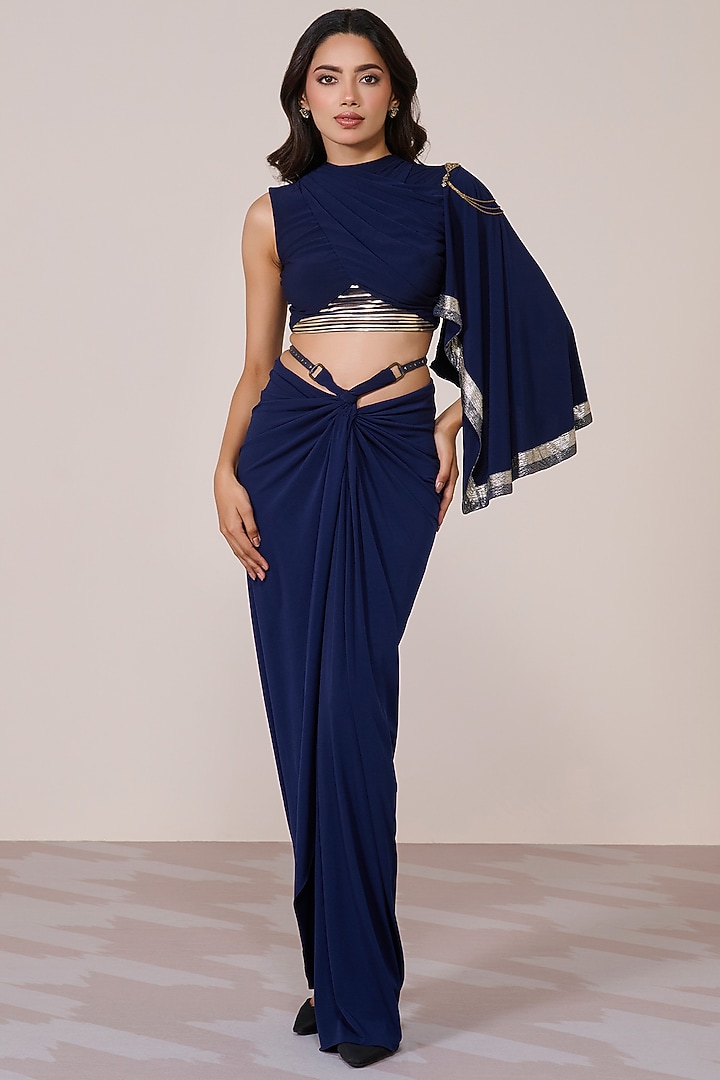 Navy Jersey Spandex Foil Metallic Embellished Cropped Top by S&N by Shantnu Nikhil at Pernia's Pop Up Shop