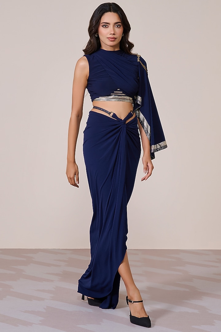 Navy Jersey Spandex Foil Metallic Embellished Cropped Top by S&N by Shantnu Nikhil at Pernia's Pop Up Shop