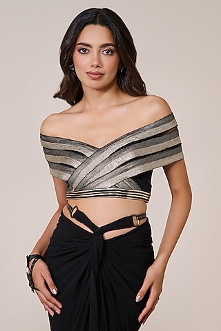 Black Jersey Spandex Foil Off-Shoulder Cropped Top by S&N by Shantnu Nikhil