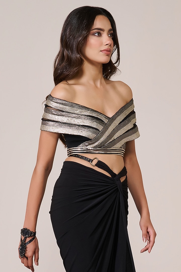 Black Jersey Spandex Foil Off-Shoulder Cropped Top by S&N by Shantnu Nikhil at Pernia's Pop Up Shop