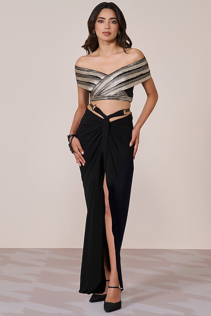 Black Jersey Spandex Foil Off-Shoulder Cropped Top by S&N by Shantnu Nikhil at Pernia's Pop Up Shop
