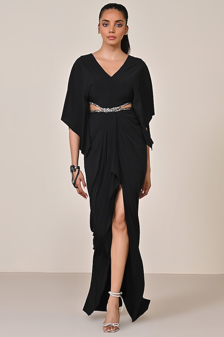 Black Poly Jersey Spandex Embellished Draped Engagement Gown by S&N by Shantnu Nikhil at Pernia's Pop Up Shop