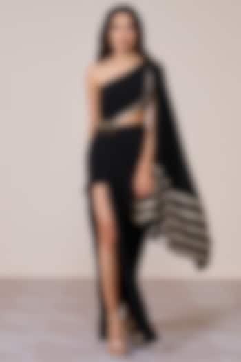 Black Jersey Spandex Foil Embellished One-Shoulder Engagement Gown by S&N by Shantnu Nikhil at Pernia's Pop Up Shop