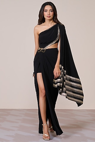 Black Jersey Spandex Foil Embellished One-Shoulder Gown by S&N by Shantnu Nikhil