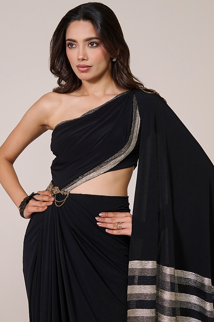Black Jersey Spandex Foil Embellished One-Shoulder Engagement Gown by S&N by Shantnu Nikhil at Pernia's Pop Up Shop