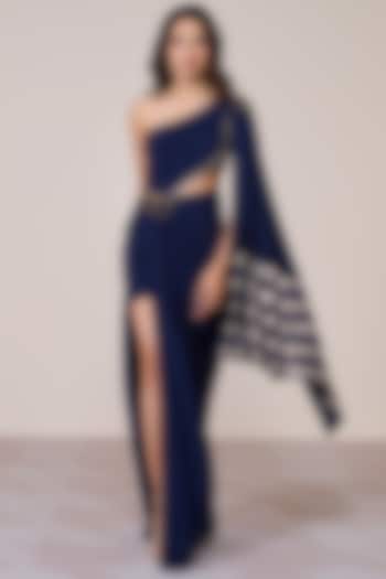 Navy Jersey Spandex Foil Embellished One-Shoulder Engagement Gown by S&N by Shantnu Nikhil at Pernia's Pop Up Shop