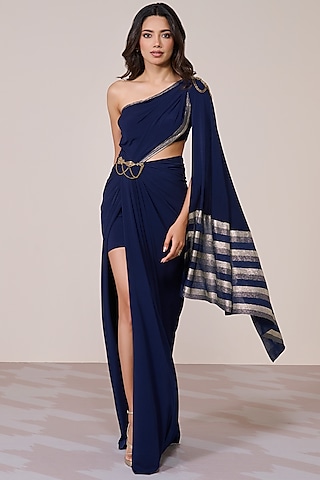 Navy Jersey Spandex Foil Embellished One-Shoulder Gown by S&N by Shantnu Nikhil