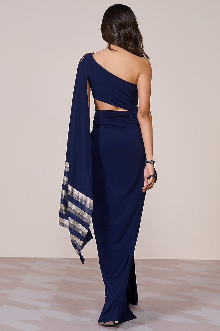 Navy Jersey Spandex Foil Embellished One-Shoulder Engagement Gown by S&N by Shantnu Nikhil at Pernia's Pop Up Shop