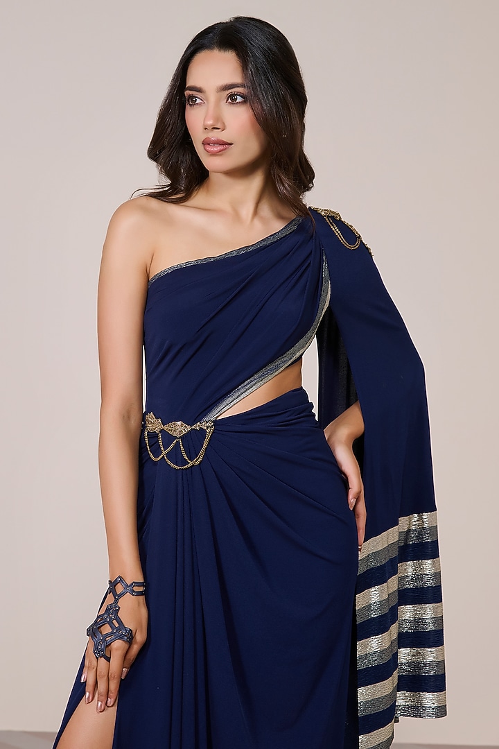 Navy Jersey Spandex Foil Embellished One-Shoulder Engagement Gown by S&N by Shantnu Nikhil at Pernia's Pop Up Shop