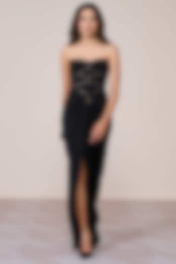 Black Jersey Spandex Foil Corset Draped Engagement Gown by S&N by Shantnu Nikhil at Pernia's Pop Up Shop