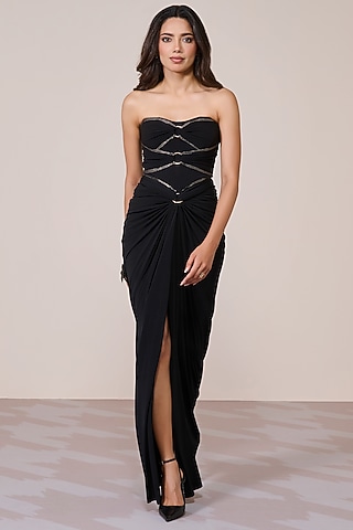 Black Jersey Spandex Foil Corset Draped Gown by S&N by Shantnu Nikhil
