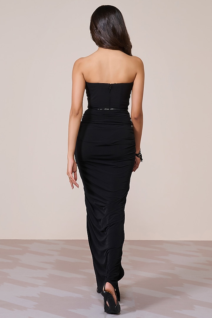 Black Jersey Spandex Foil Corset Draped Engagement Gown by S&N by Shantnu Nikhil at Pernia's Pop Up Shop
