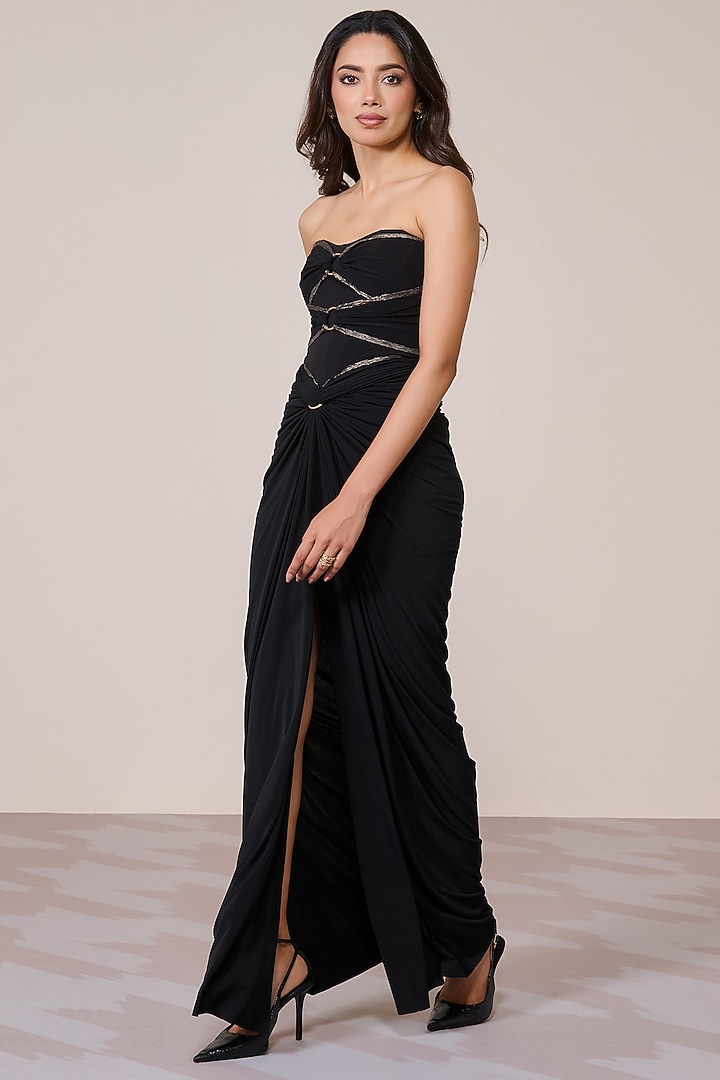 Black Jersey Spandex Foil Corset Draped Engagement Gown by S&N by Shantnu Nikhil at Pernia's Pop Up Shop
