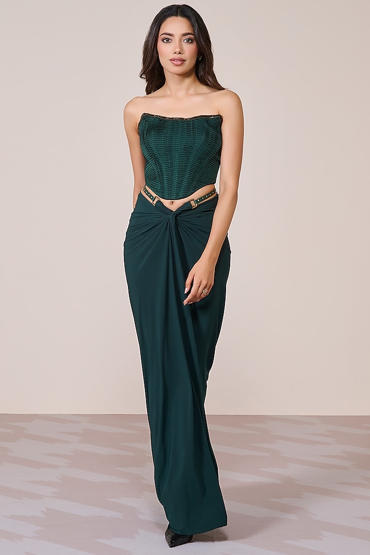Emerald Green Poly Jersey Spandex Twisted Draped Skirt by S&N by Shantnu Nikhil at Pernia's Pop Up Shop