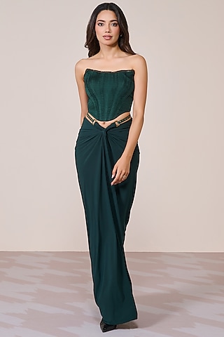 Emerald Green Poly Jersey Spandex Twisted Draped Skirt by S&N by Shantnu Nikhil