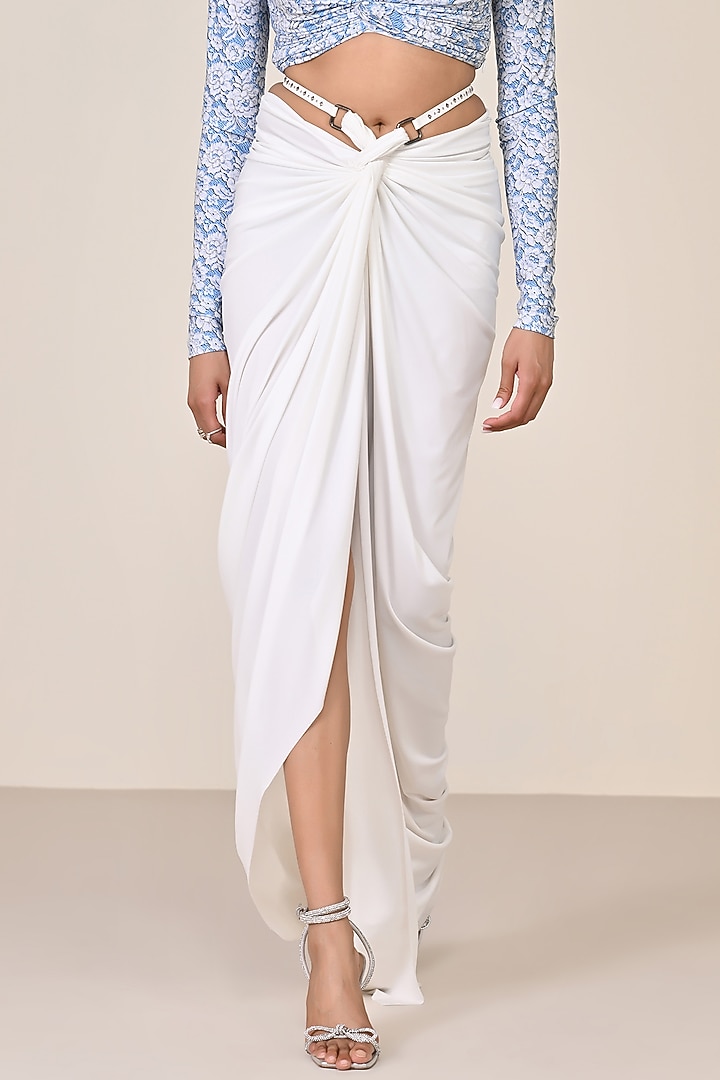 White Poly Jersey Spandex Twisted Asymmetric Draped Skirt by S&N by Shantnu Nikhil at Pernia's Pop Up Shop