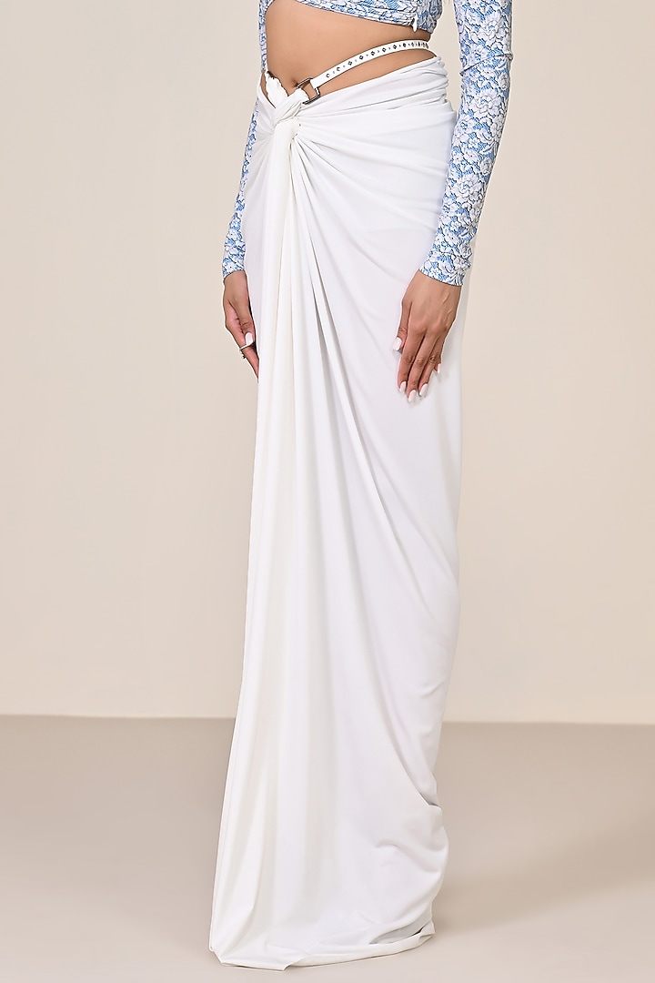White Poly Jersey Spandex Twisted Asymmetric Draped Skirt by S&N by Shantnu Nikhil at Pernia's Pop Up Shop