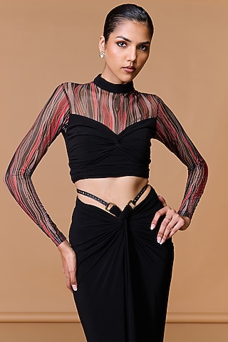 Multi-Colored Poly Jersey Stretch Net Printed Draped Top by S&N by Shantnu Nikhil